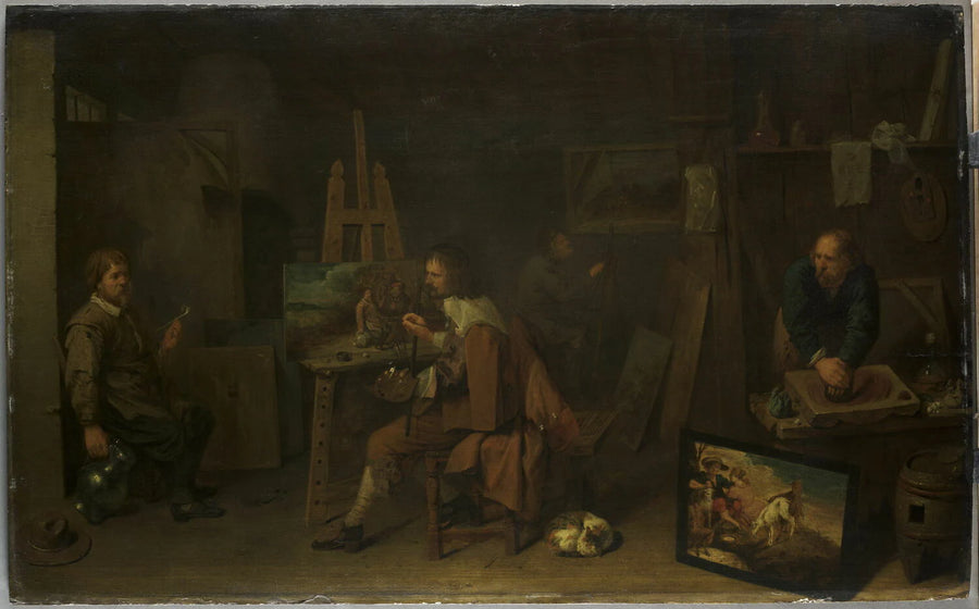 Atelier de peintre avec broyeur de couleurs et modèle en train de poser - David III Ryckaert