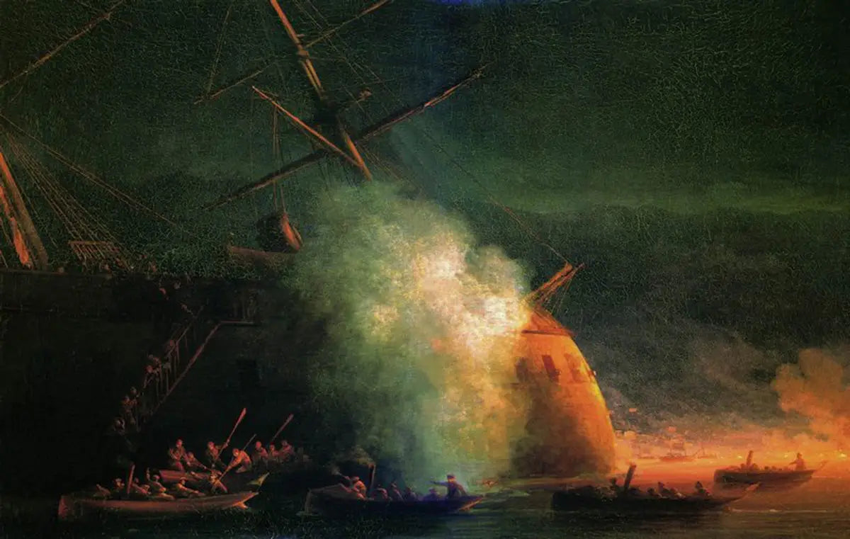 Attaque de mine par des bateaux du paquebot Grand-Duc Konstantin du cuirassé turc Assari-Shevket sur la rade de Soukhoum le 12 août 1877 - Ivan Aïvazovski image 1 tableau peint à l’huile sur toile
