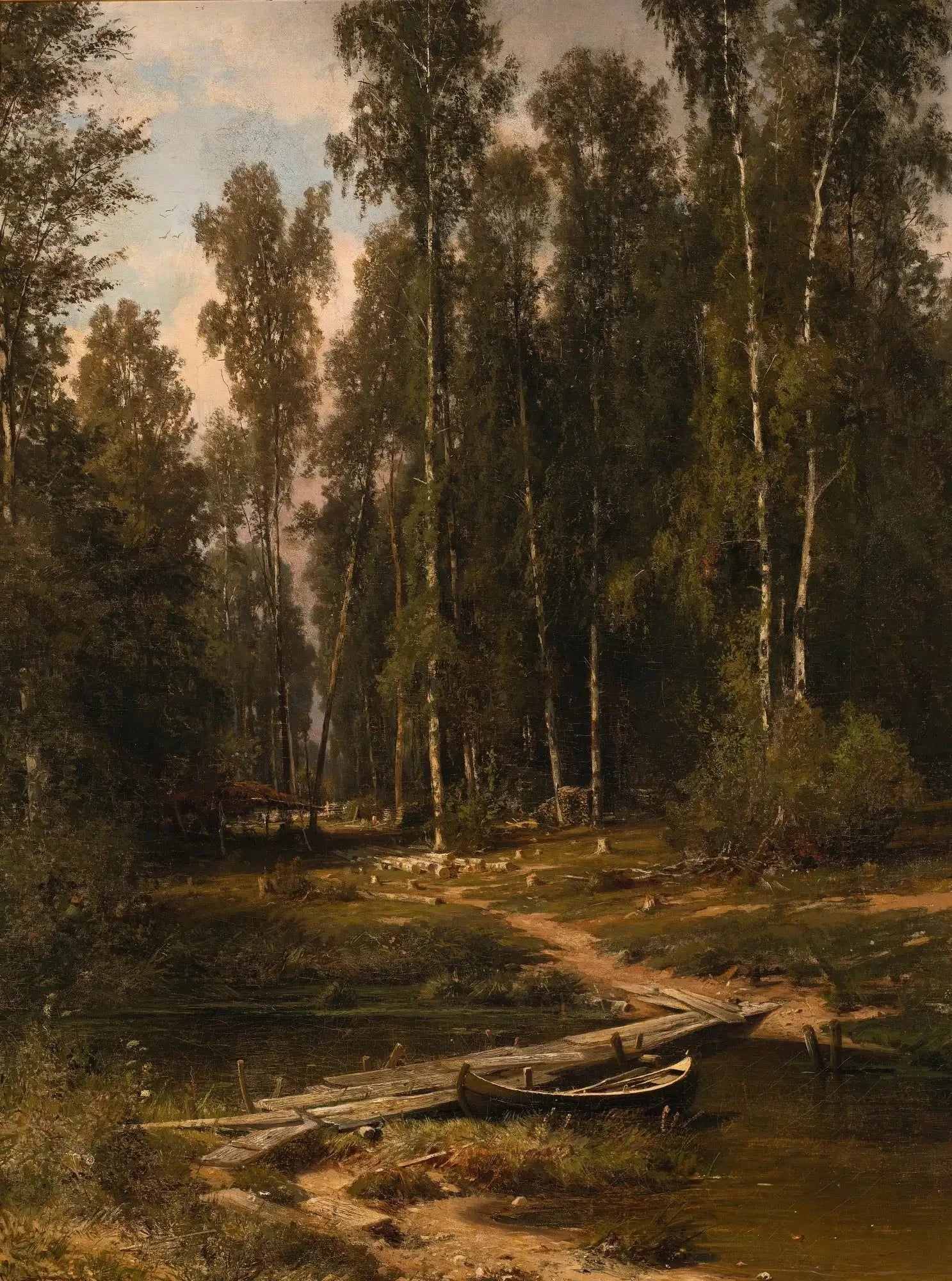 Au bord d'une bouleauraie (Pont vers un site d'exploitation forestière) - Ivan Chichkine image 1 copie peinte à la main à l’huile