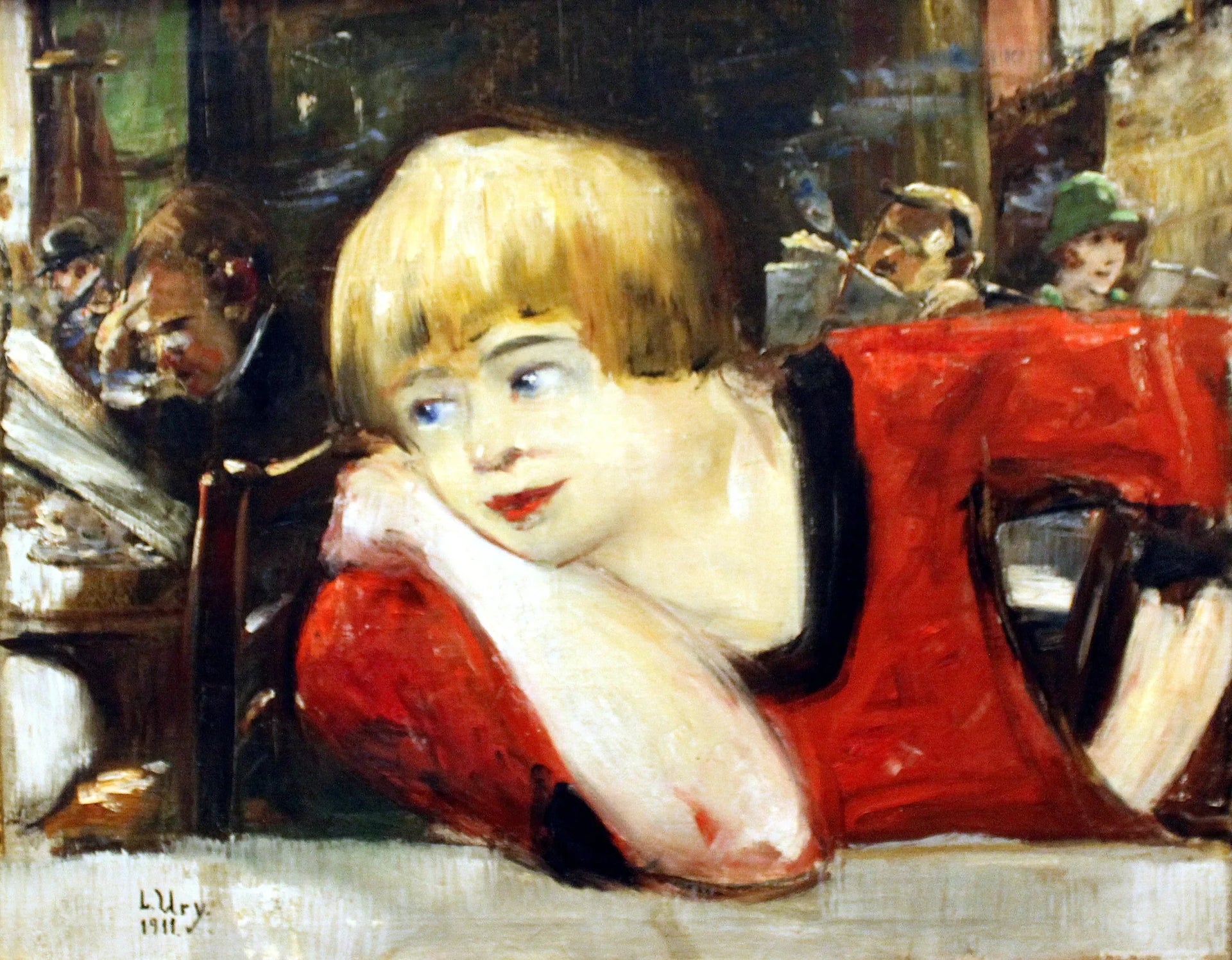 Au café, Femme en rouge - Lesser Ury image 1 reproduction de peinture à l’huile