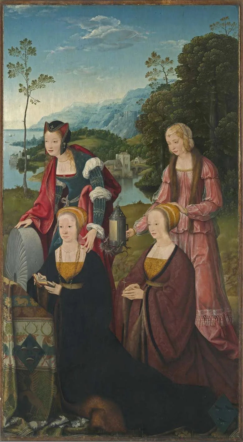 Autel de Marientod : Saintes Christine et Gudule avec les donatrices Christine et Sibilla Hackeney derrière ; à l’extérieur : Saints Sébastien et Roch - Joos van Cleve image 1 copie peinte à la main à l’huile