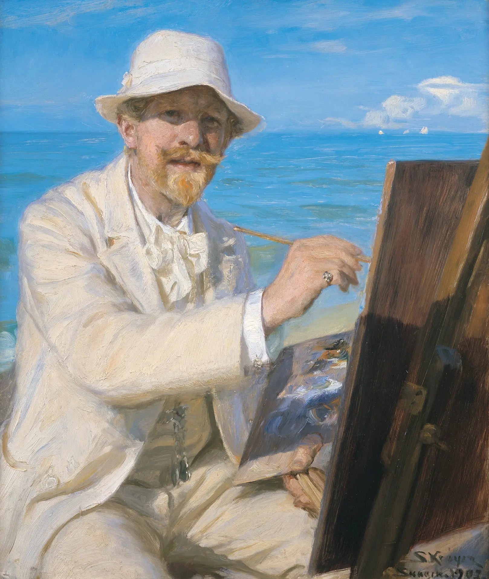 Autoportrait, assis près de son chevalet à la plage de Skagen - Peder Severin Krøyer image 1 reproduction artisanale de tableau