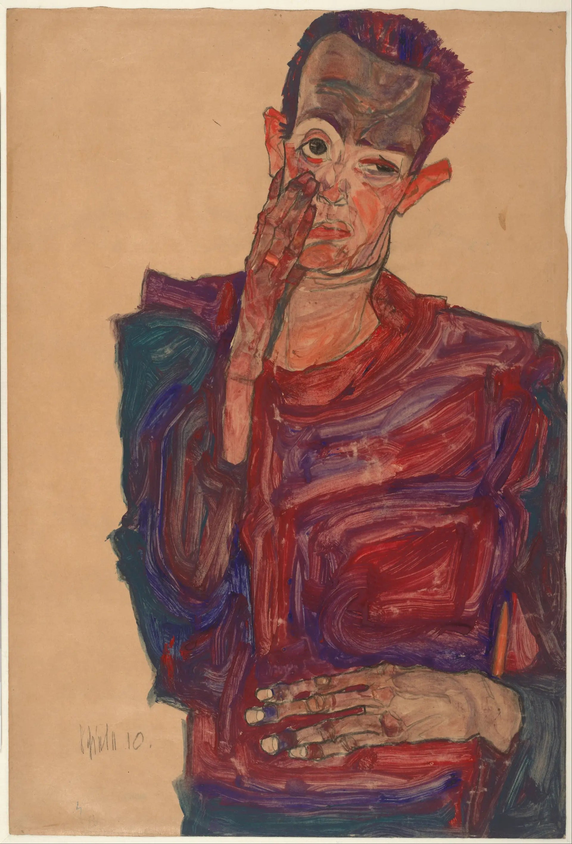 Autoportrait avec la paupière baissée - Egon Schiele image 2 reproduction de peinture à l’huile