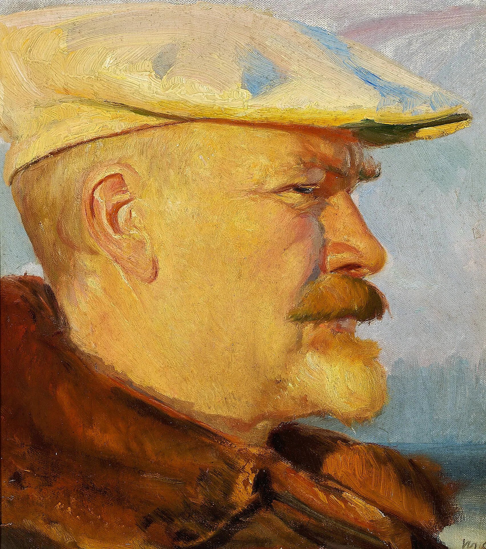 Autoportrait avec une casquette de peintre blanche au soleil couchant. - Michael Peter Ancher image 1 reproduction réalisée par Alpha Reproduction