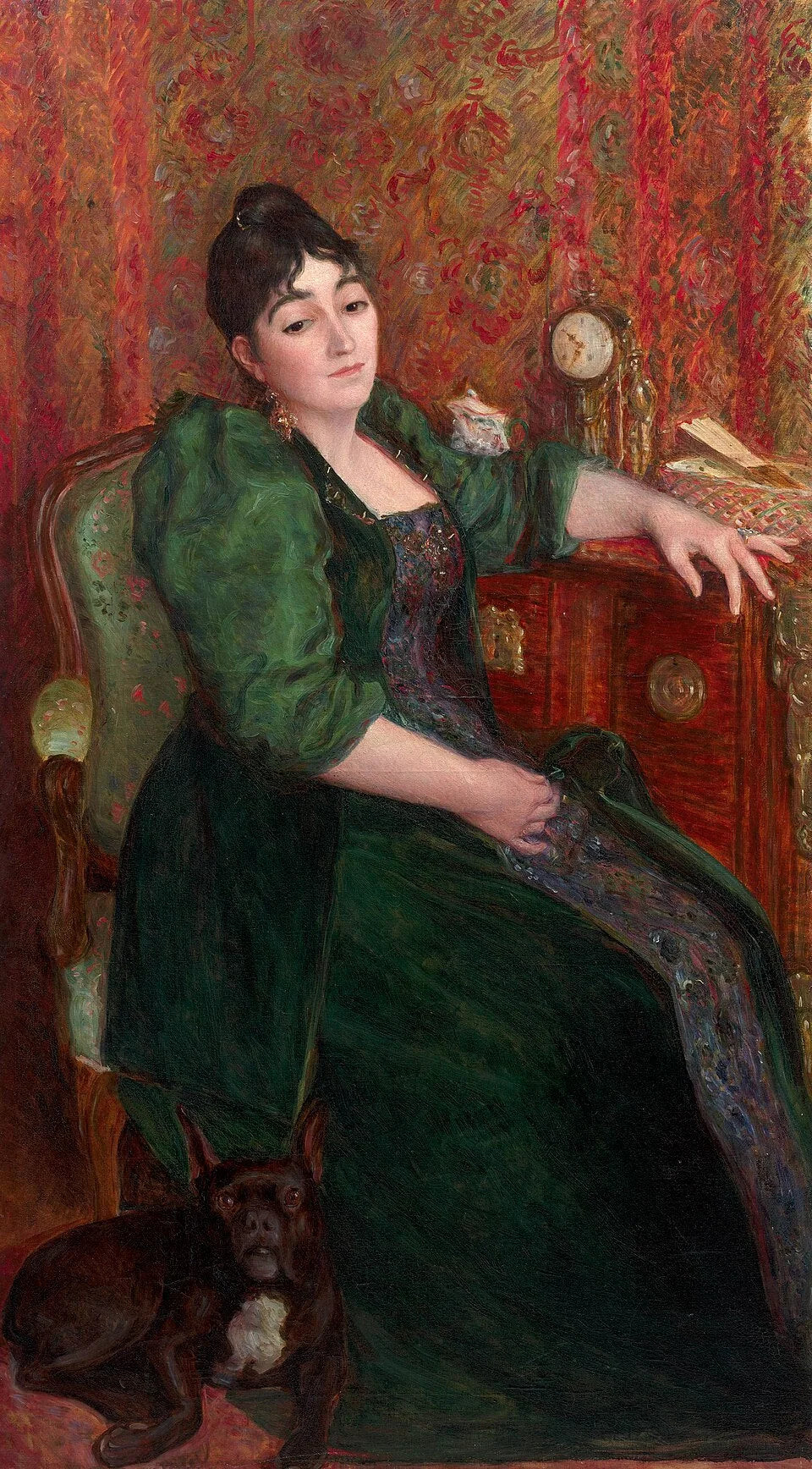 Autoportrait de l’artiste dans un fauteuil en compagnie de Bob, son bouledogue français - Marie Bracquemond image 1 copie peinte à la main à l’huile