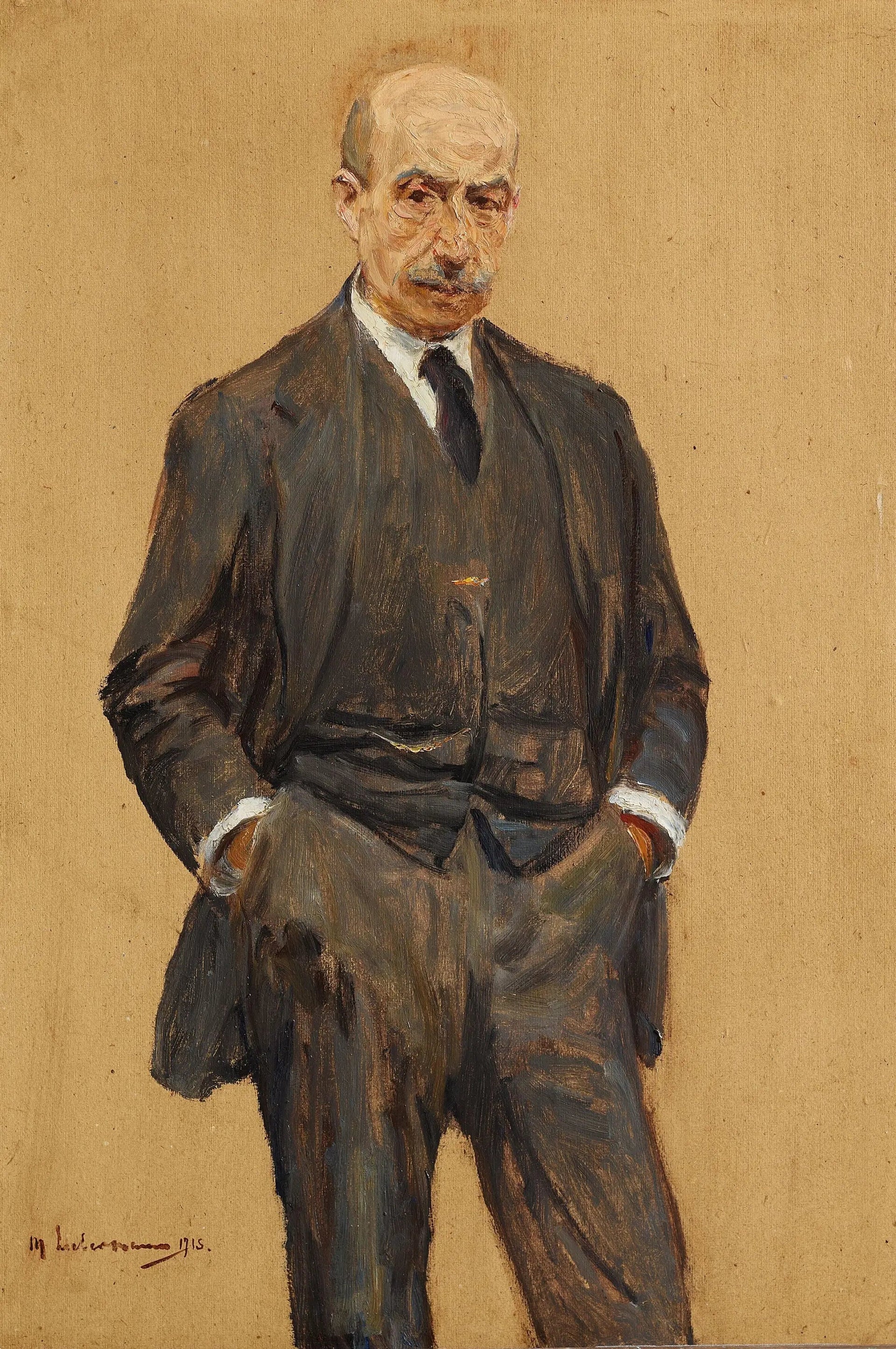 Autoportrait, debout de trois quarts, les deux mains dans les poches de pantalon (Selbstbildnis, stehend in Dreiviertelfigur, beide Hände in den Hosentaschen) - Max Liebermann image 1 copie de tableau peinte à la main