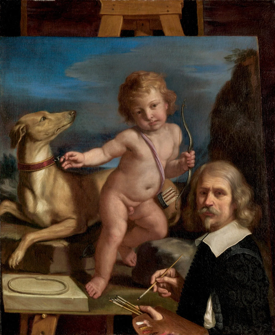 Autoportrait devant un tableau représentant « Amor Fedele » - Guercino
