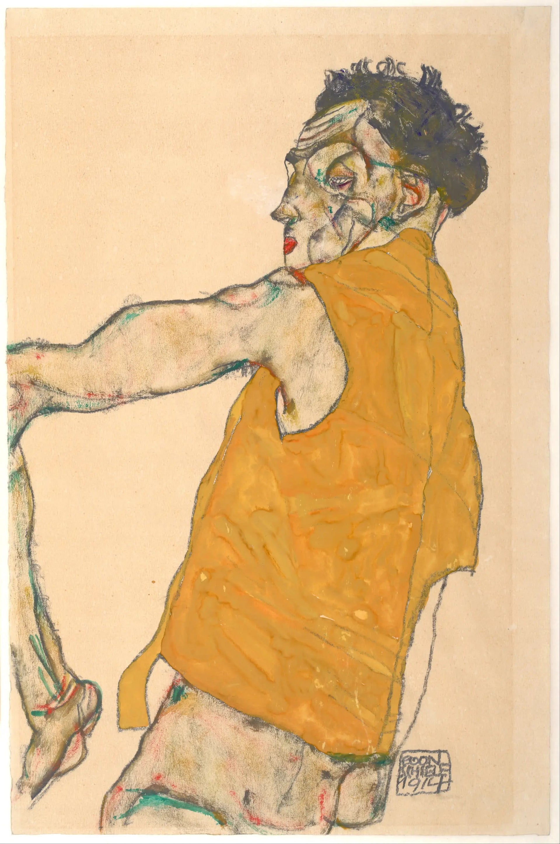 Autoportrait en gilet jaune - Egon Schiele image 1 copie de tableau peinte à la main