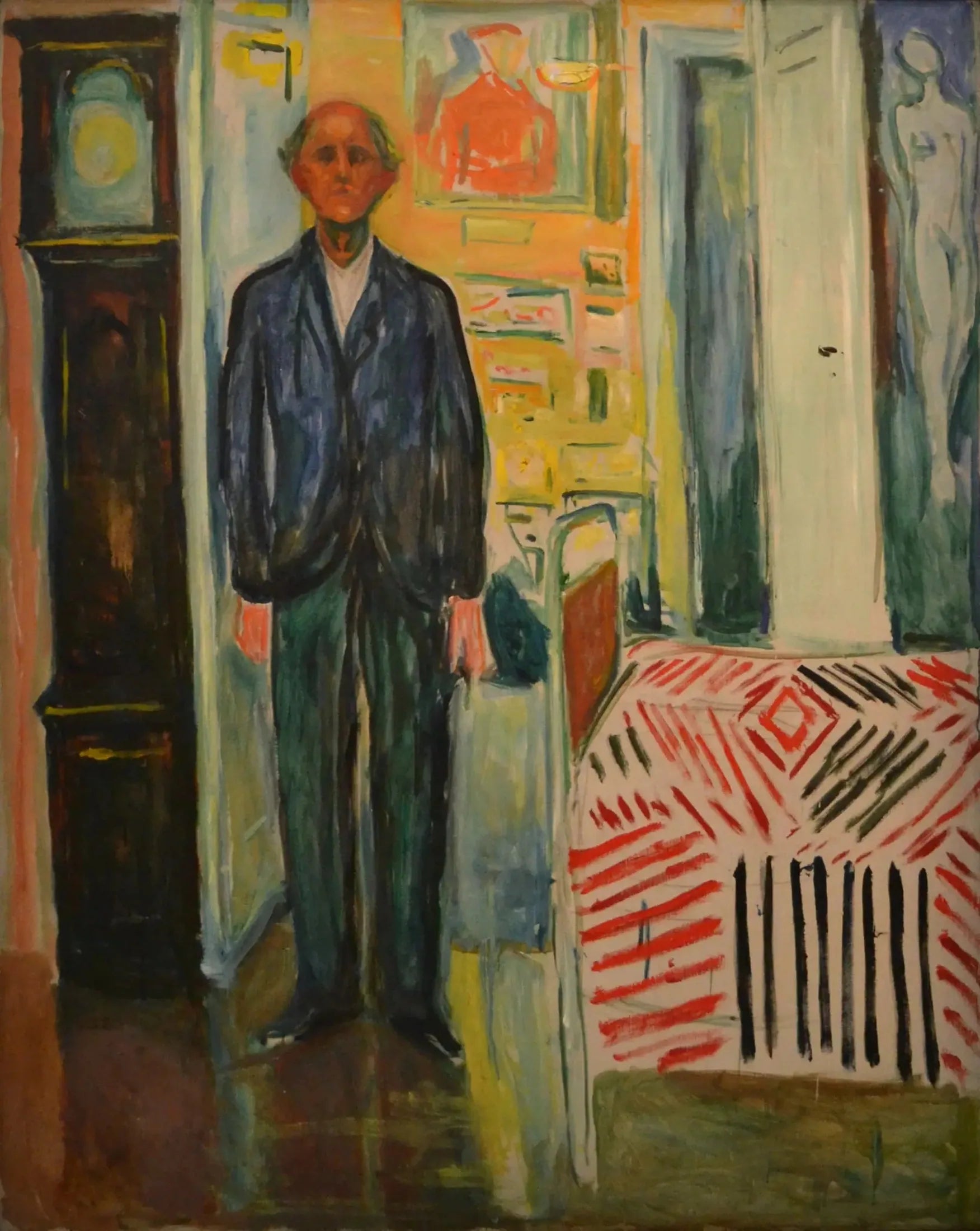 Autoportrait. Entre l'horloge et le lit - Edvard Munch image 1 copie peinte à la main à l’huile