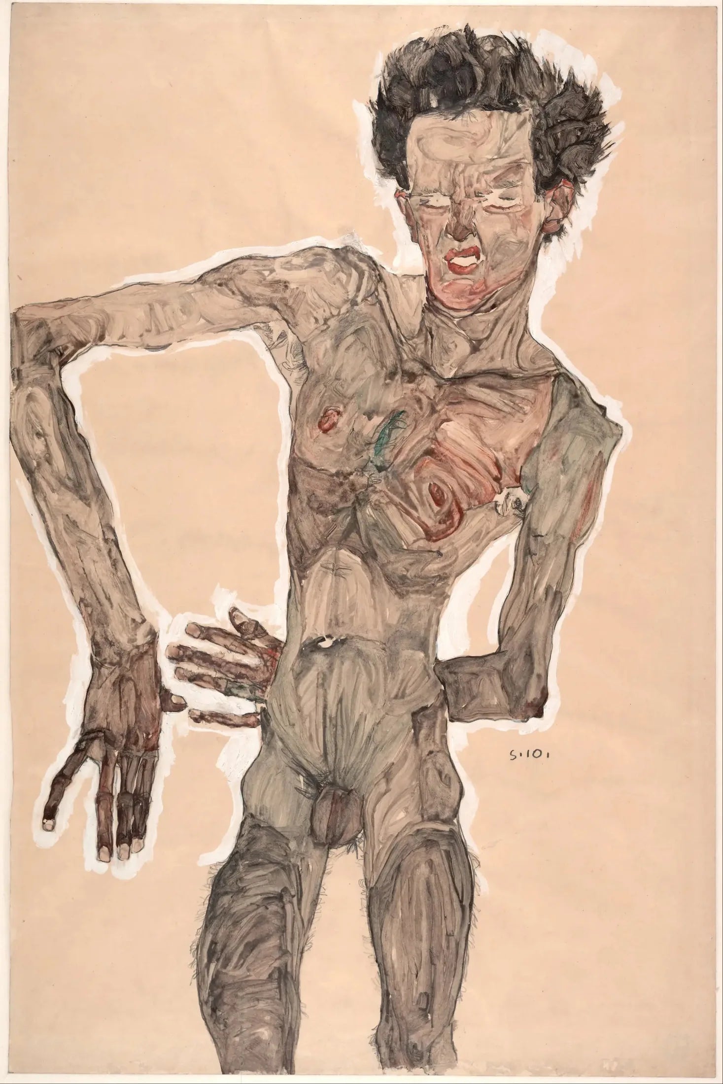 Autoportrait nu à la grimace - Egon Schiele image 1 copie peinte à la main à l’huile