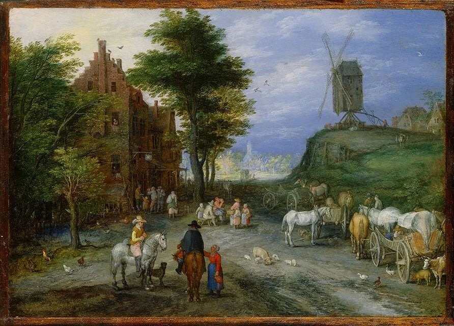Aux abords d'un village avec un moulin à vent - Jan Brueghel l'Ancien image 1 reproduction de peinture à l’huile