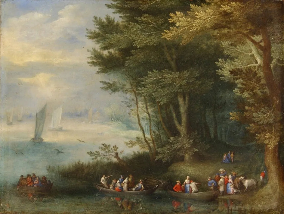 Bacs près d'une rive boisée - Jan Brueghel l'Ancien image 1 copie de tableau peinte à la main