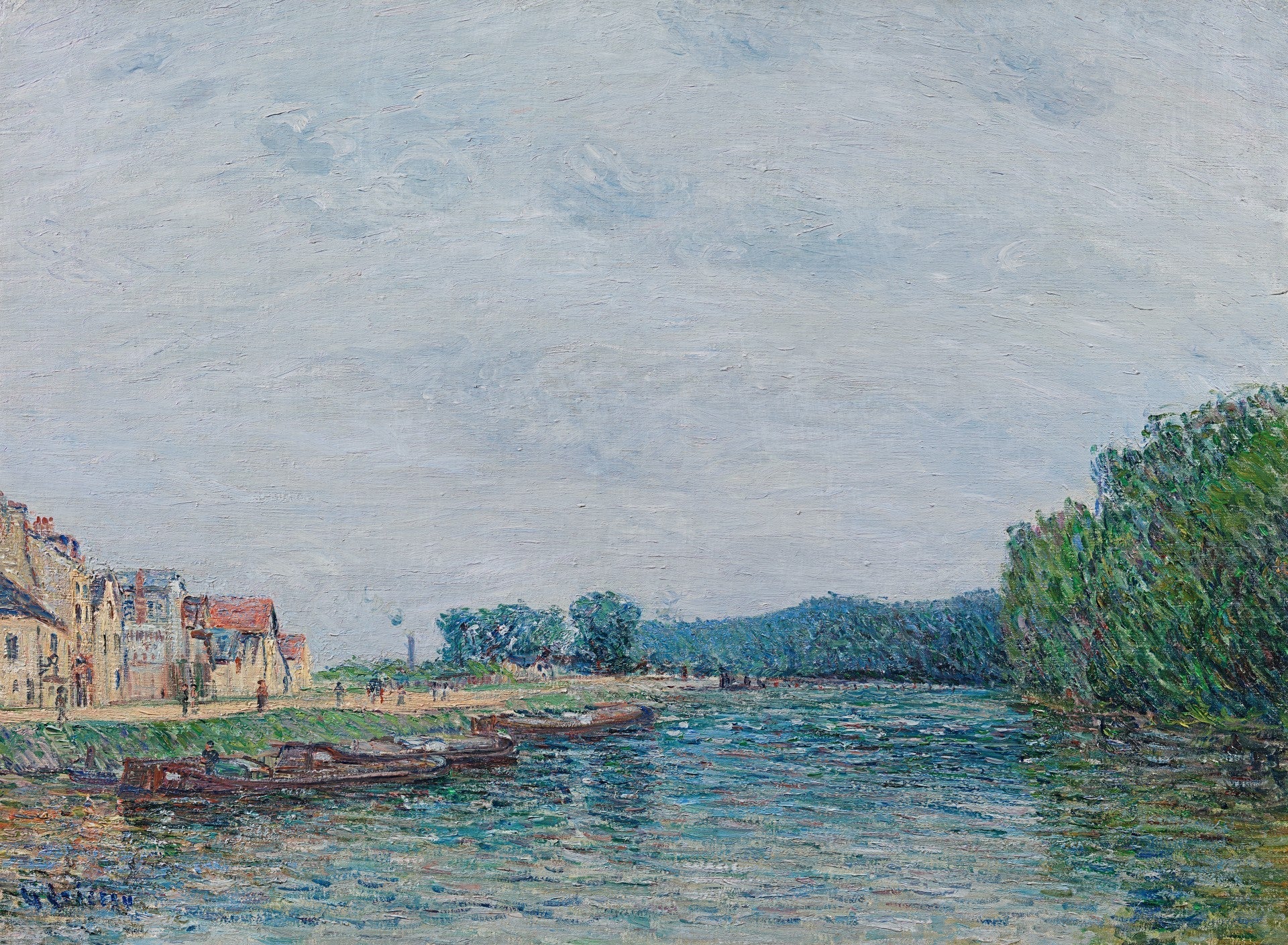 Barques, quai du Pothuis à Pontoise - Gustave Loiseau image 1 copie de tableau peinte à la main