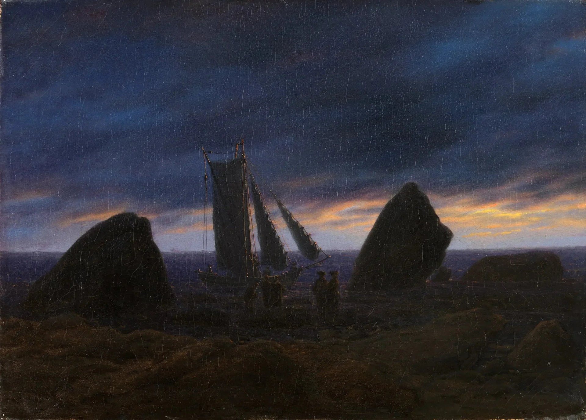 Bateau de pêche entre deux rochers sur la plage de la mer Baltique - Caspar David Friedrich image 1 tableau peint à l’huile sur toile