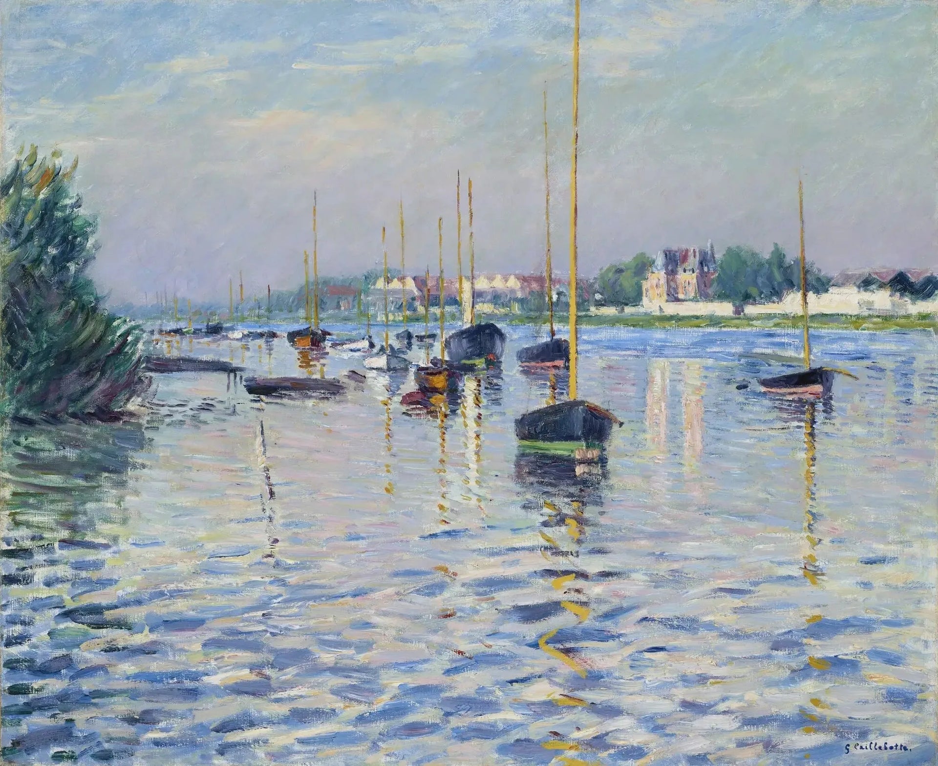 Bateaux au mouillage sur la Seine à Argenteuil - Gustave Caillebotte image 1 copie peinte à la main à l’huile