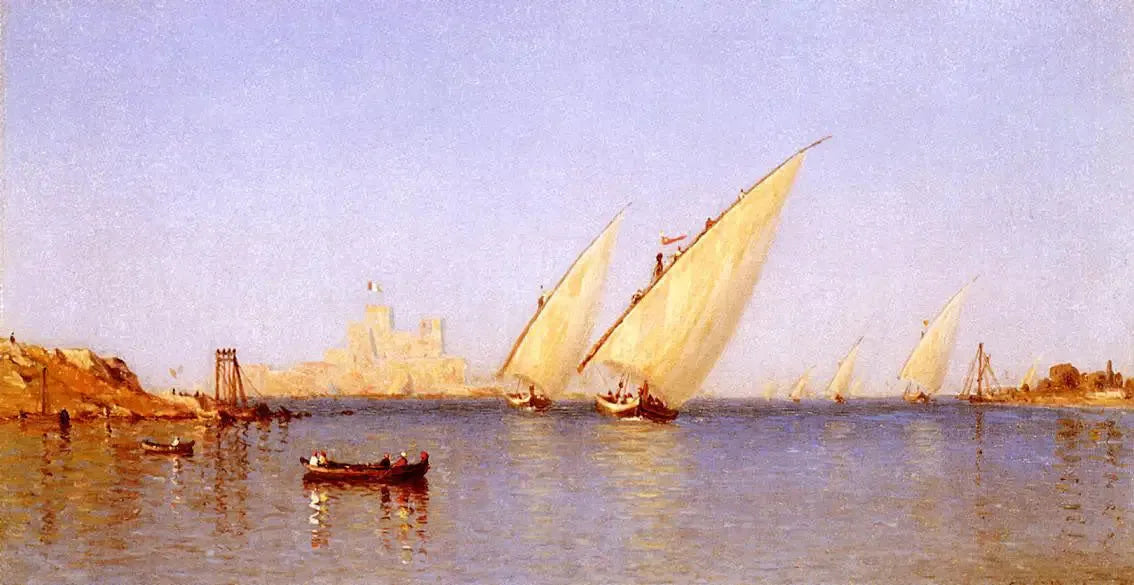 Bateaux de pêche entrant dans le port de Brindisi - Sanford Robinson Gifford image 1 reproduction de peinture à l’huile