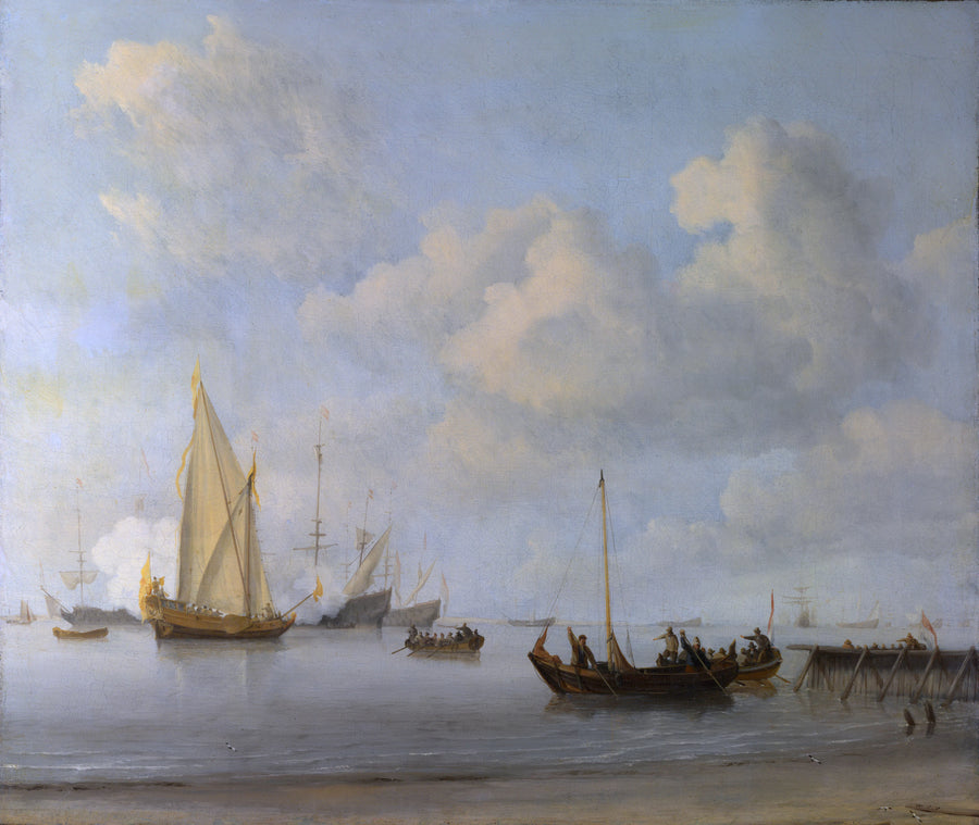 Bateaux se retirant vers un yacht dans le calme - Willem Van de Velde le Jeune