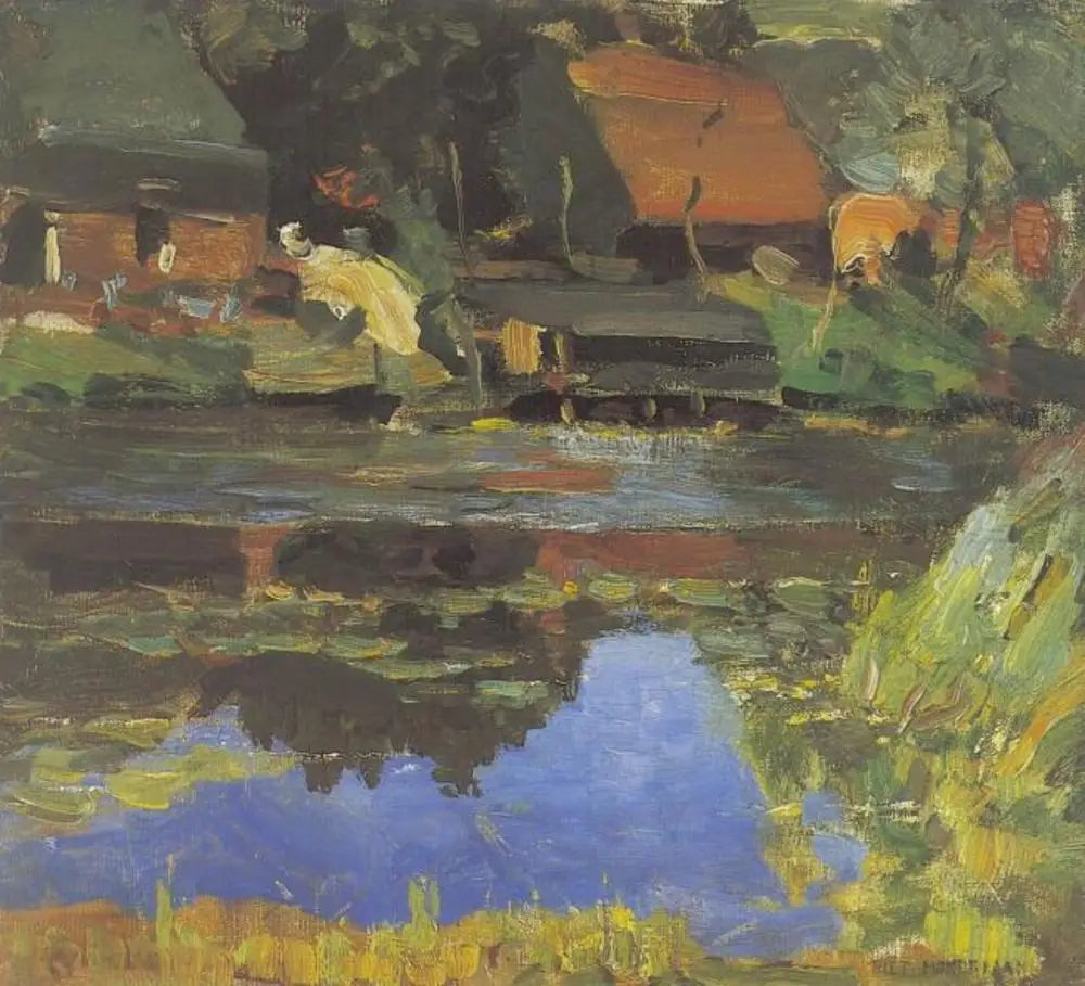 Bâtiments au bord de l'eau avec un lavoir - Piet Mondrian image 1 copie peinte à la main à l’huile