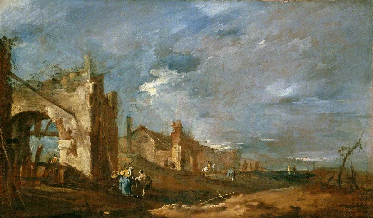 Bâtiments en ruine et personnages au bord de la lagune - Francesco Guardi image 1 reproduction d’œuvre d’art à l’huile