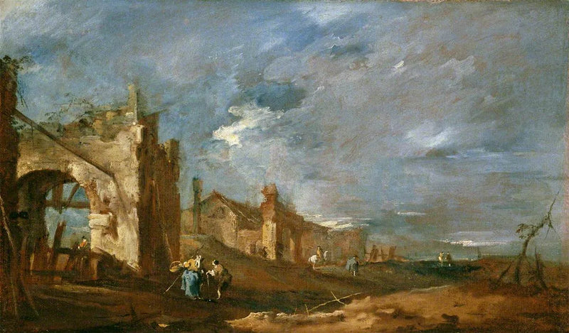 Bâtiments en ruine et personnages au bord de la lagune - Francesco Guardi