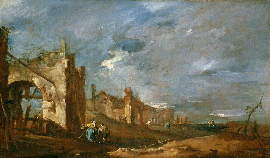 Bâtiments en ruine et personnages au bord de la lagune - Francesco Guardi