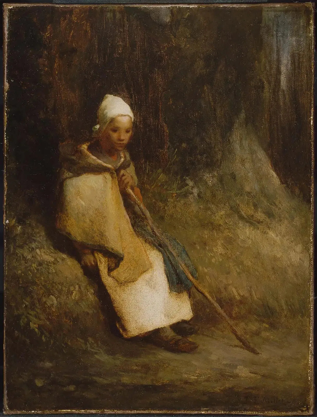 Bergère assise à la lisière de la forêt - Jean-François Millet image 1 copie de tableau peinte à la main