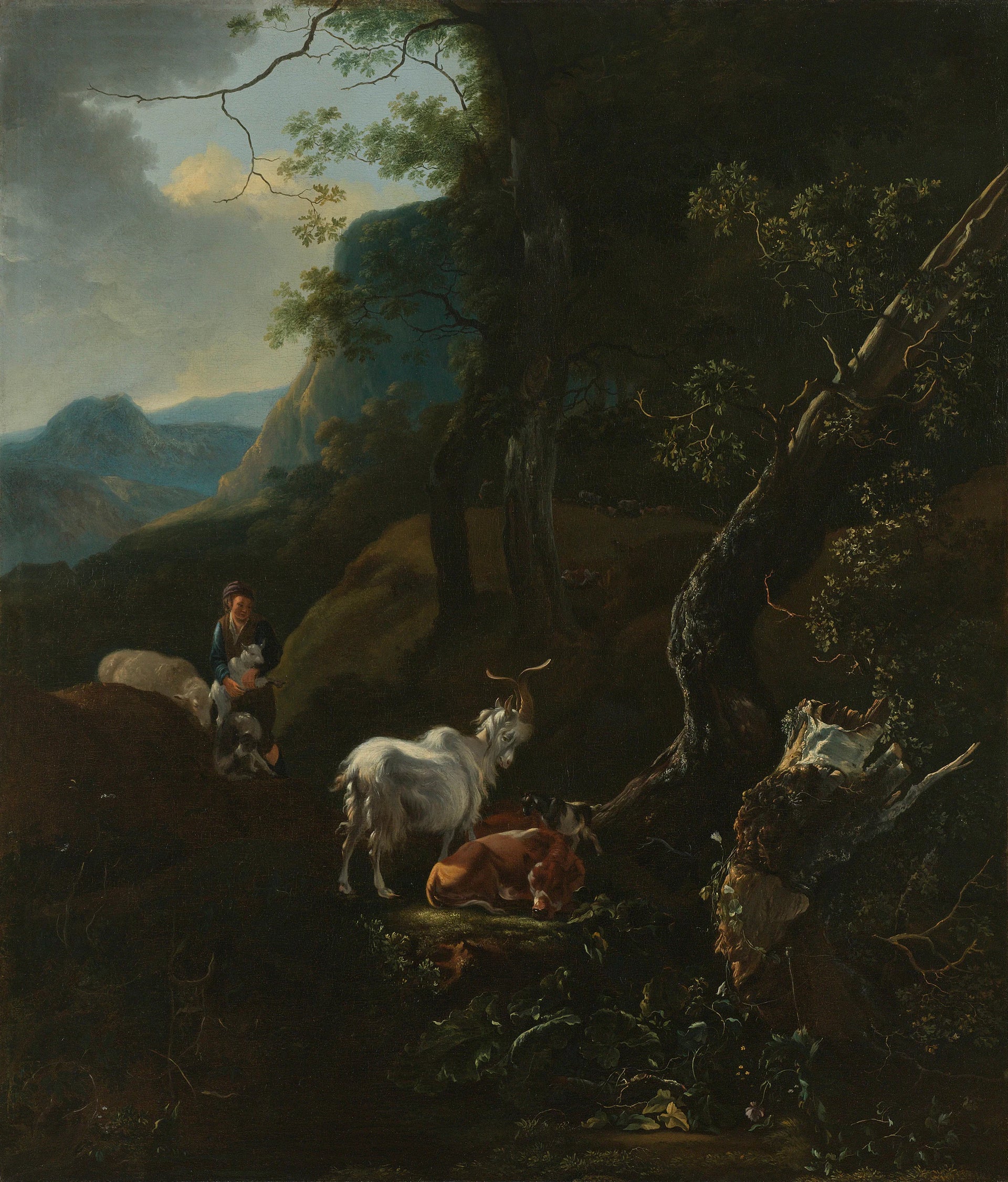 Une bergère avec du bétail dans un paysage montagneux - Adam Pynacker