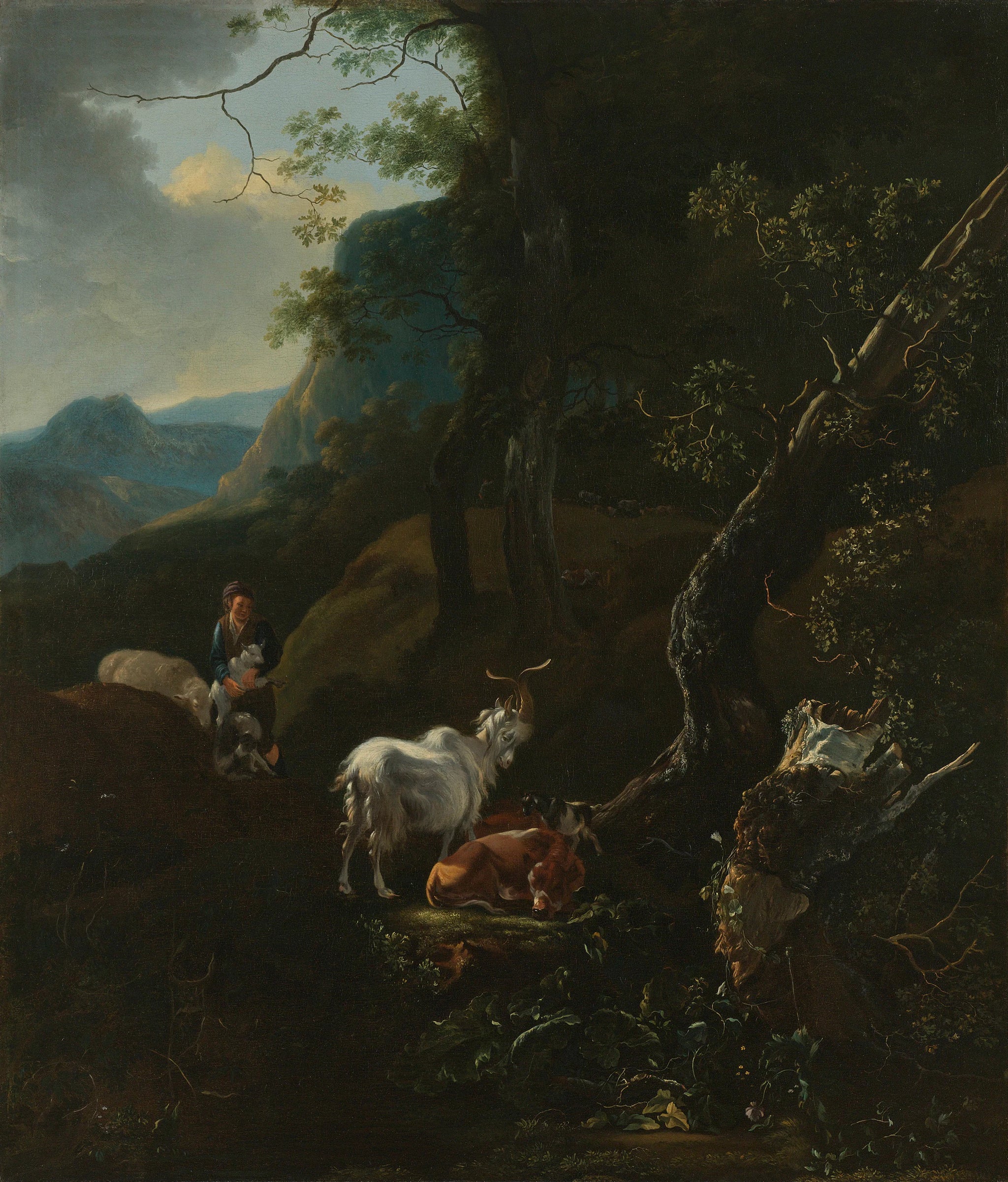 Une bergère avec du bétail dans un paysage montagneux - Adam Pynacker