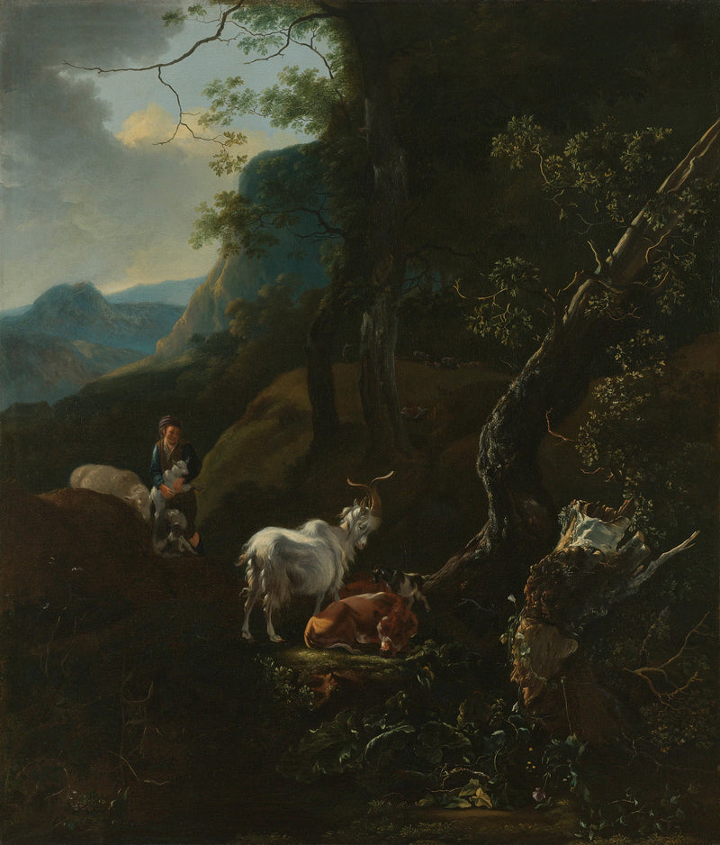 Une bergère avec du bétail dans un paysage montagneux - Adam Pynacker