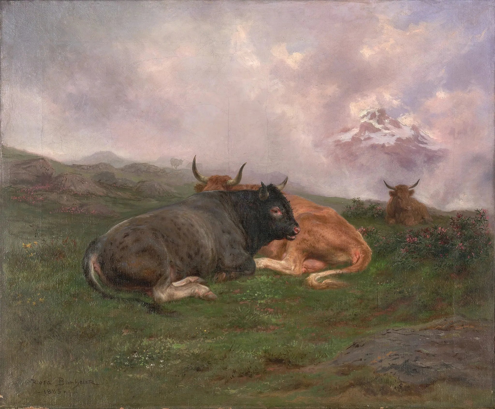Bétail au repos sur une colline dans les Alpes - Rosa Bonheur image 1 reproduction artisanale de tableau
