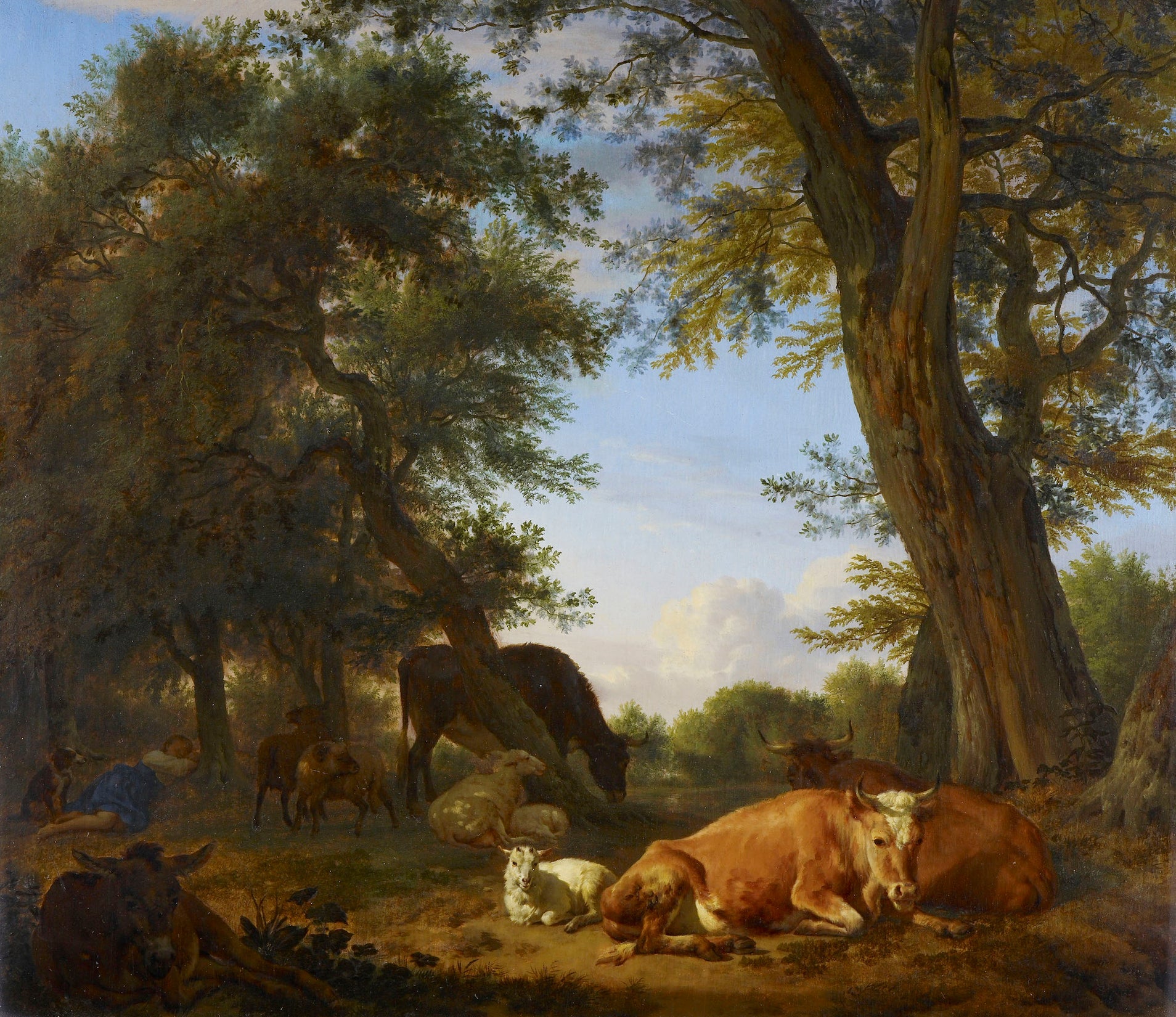 Bétail et moutons se reposant sous les arbres : une bergère endormie - Adriaen van de Velde image 1 copie de tableau peinte à la main
