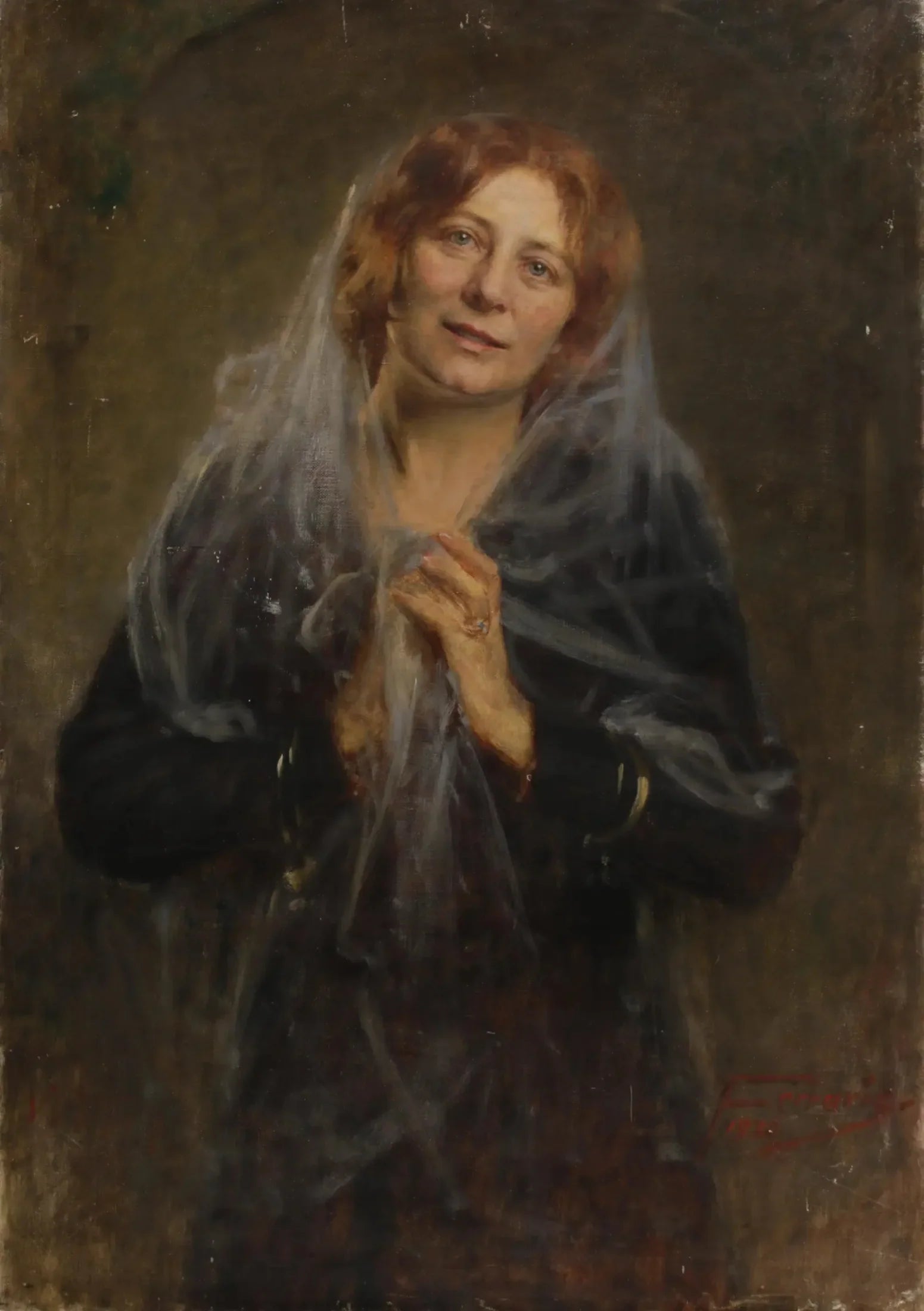 Bildnis einer Dame mit Schleier (Die Gattin des Künstlers) - Artur Ferraris image 1 copie de tableau peinte à la main