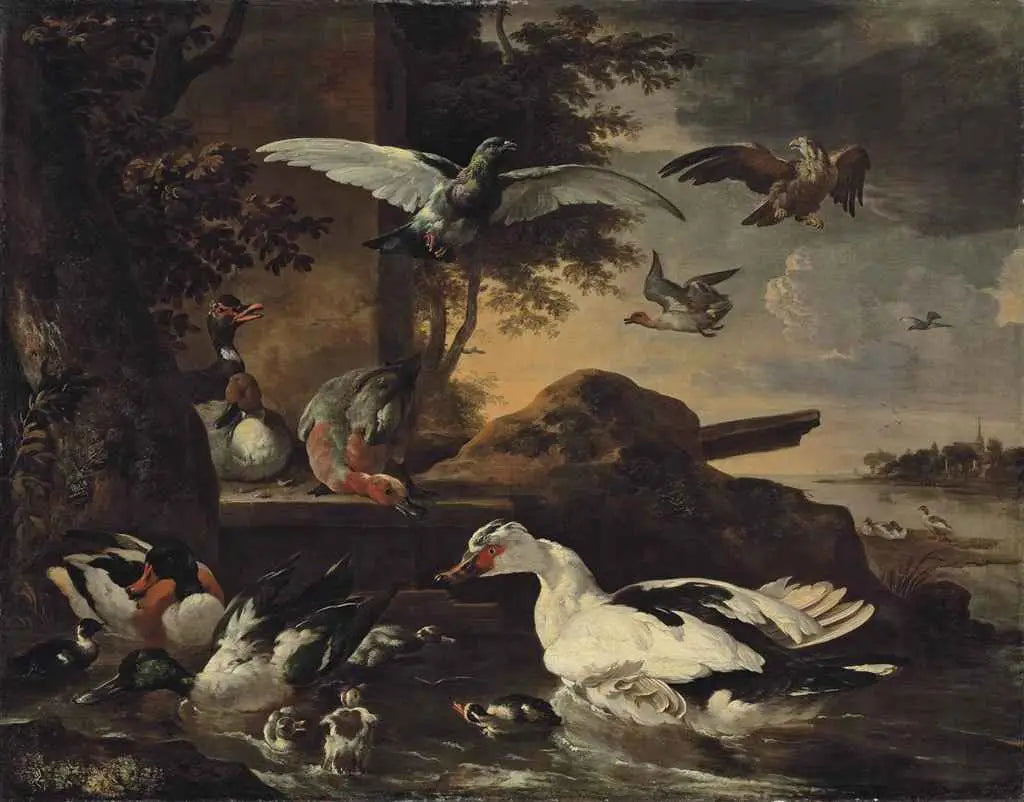 Birds on the Bank of a River - Melchior de Hondecoeter image 1 reproduction de peinture à l’huile