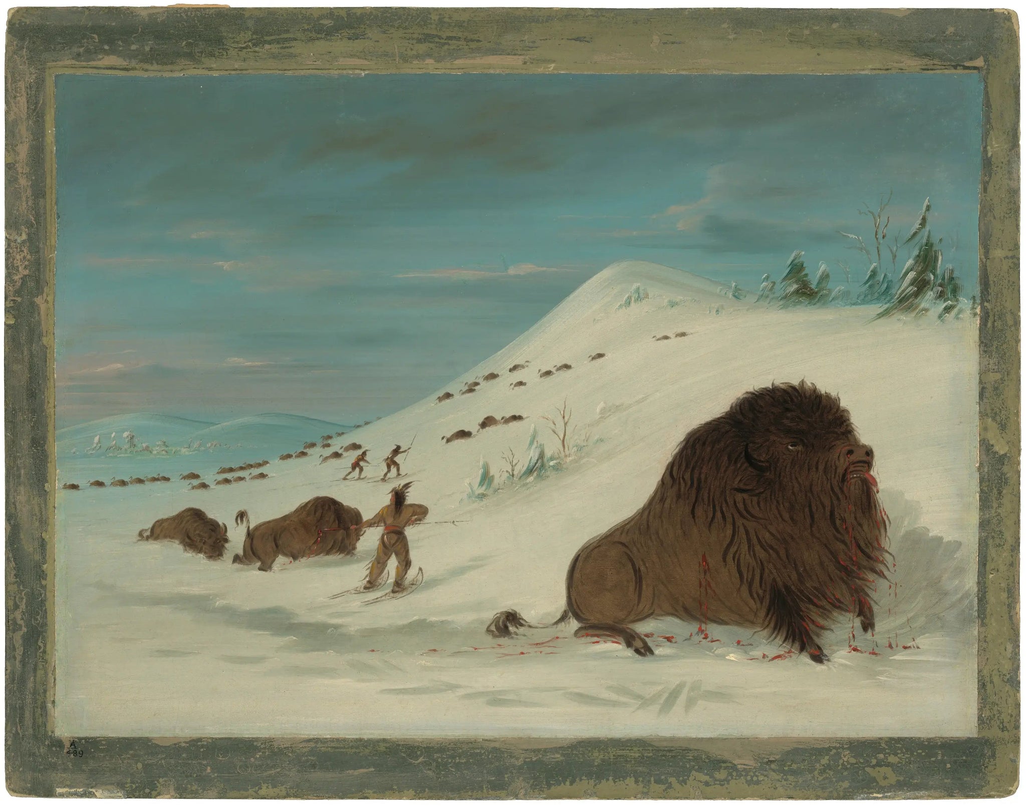 Bison se lançant dans les congères - Sioux - George Catlin image 1 reproduction artisanale de tableau