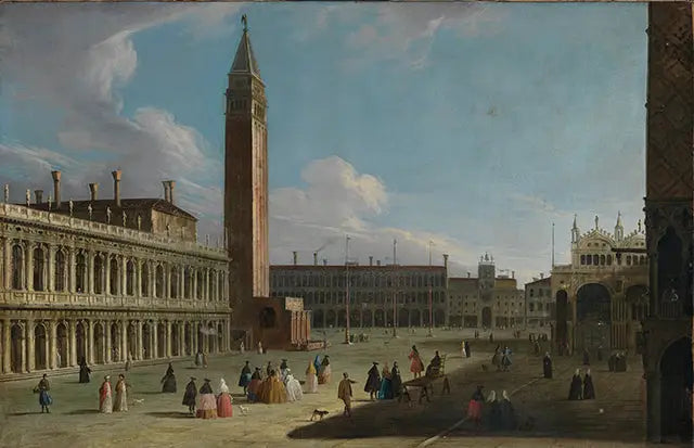 Blick von der Piazetta nach Norden auf Liberia, Campanile, Procuratie Vecchie, Torre dell'Orologio und San Marco - Canaletto