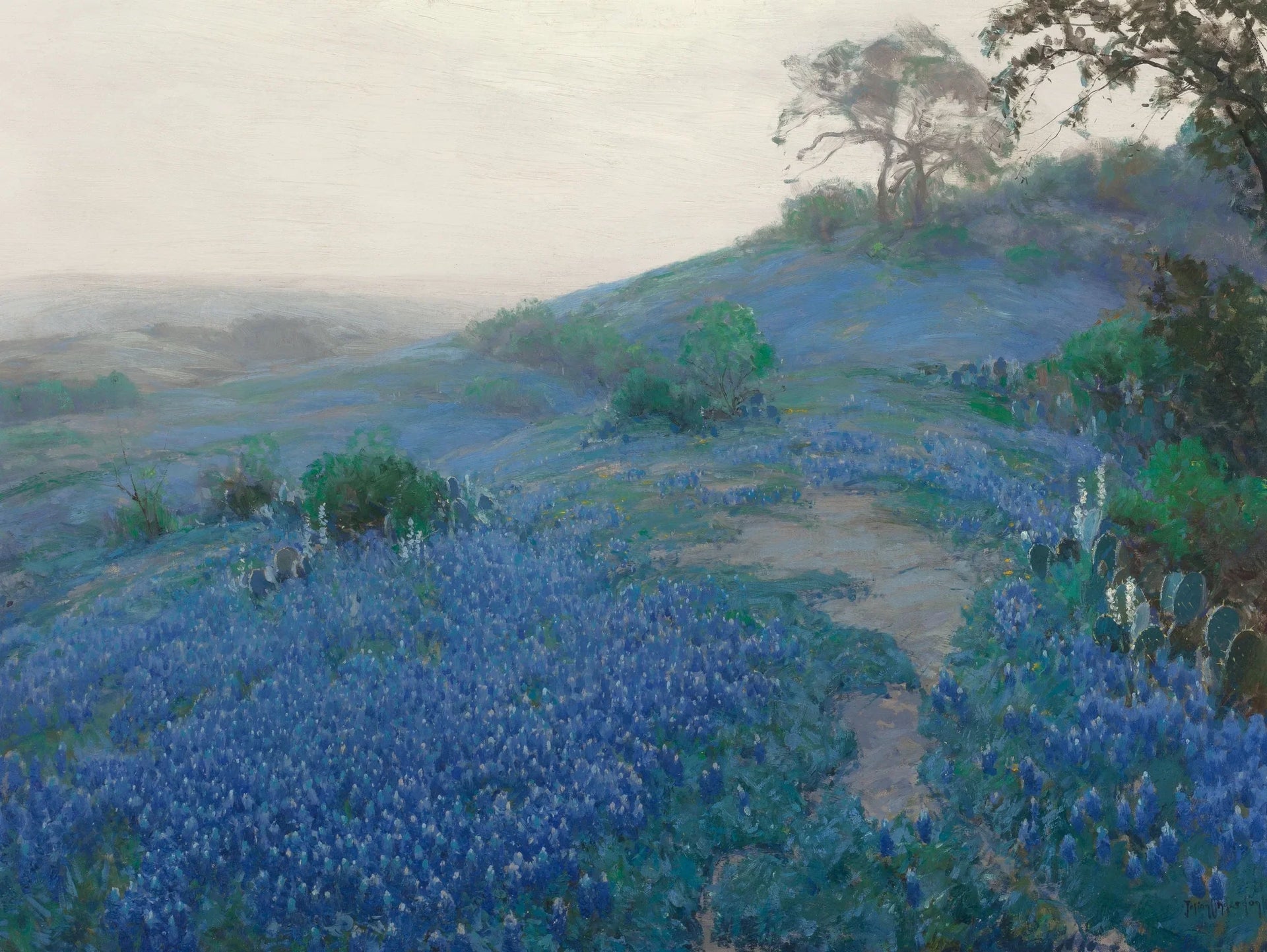 Blue Bonnet Field, tôt le matin, San Antonio, Texas - Julian Onderdonk image 1 copie de tableau peinte à la main