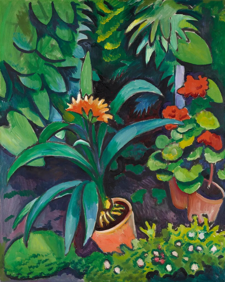 Blumen im Garten, Clivia und Pelargonien - August Macke