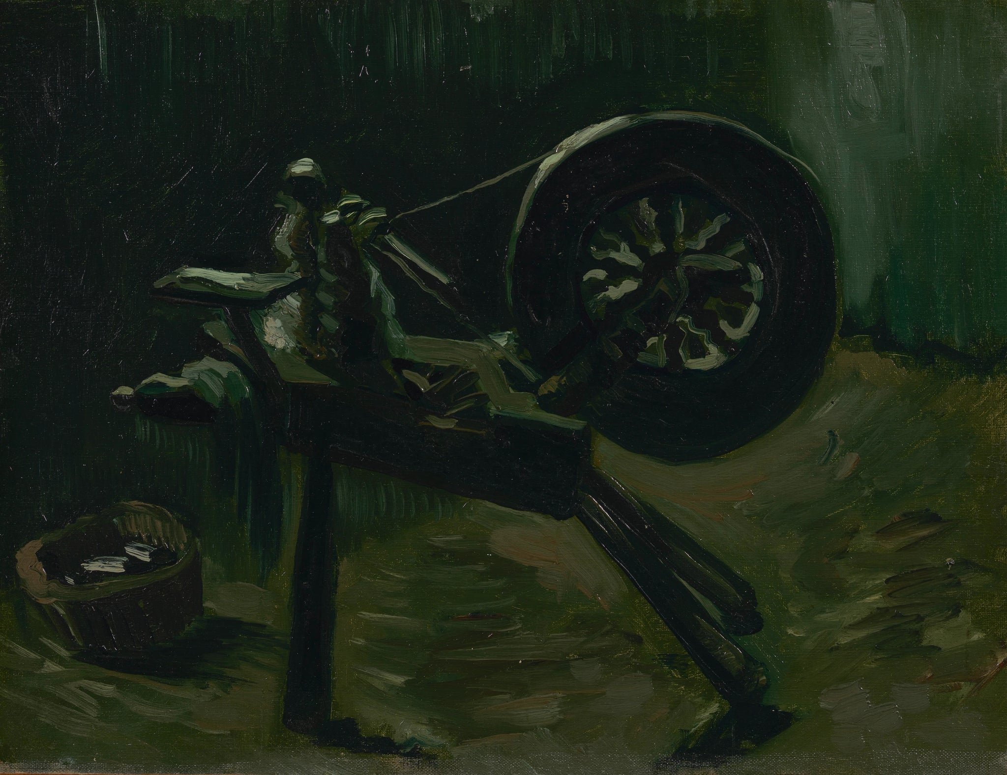 Le Bobinoir F175 — roue et mécanisme de filature dans un intérieur sombre peints par Vincent van Gogh