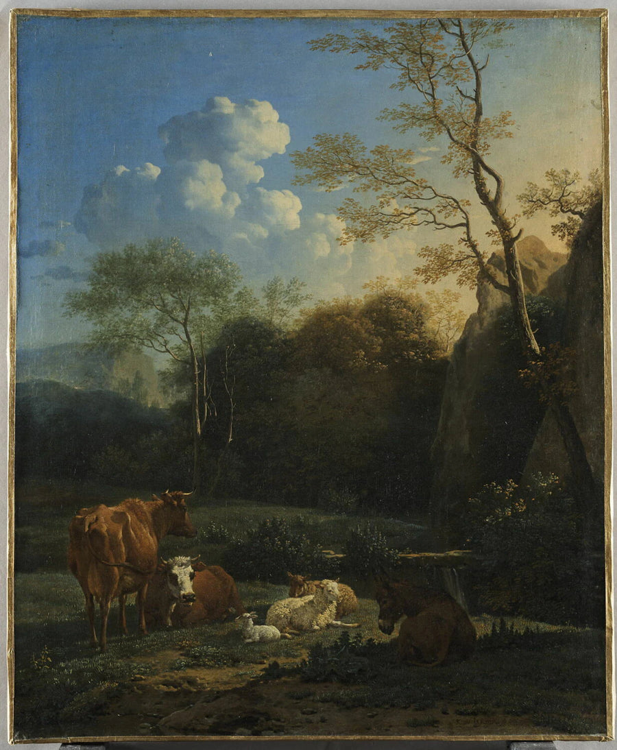 Le Bocage. Vaches, âne et moutons près d'un ruisseau - Karel Dujardin