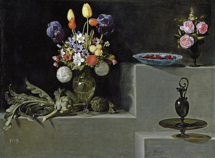 Nature morte avec artichauts, fleurs et verrerie - Juan van der Hamen
