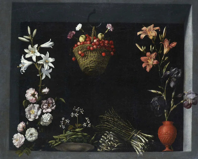 Bodegon flores hortalizas cesto cerezas - Juan Sánchez Cotán