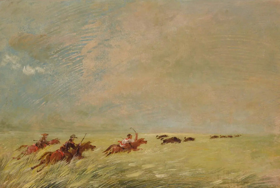 Bogard, Batiste et moi chassant le bison dans les hautes herbes sur un fond du Missouri - George Catlin