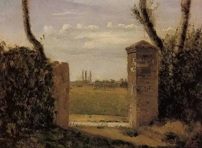 Bois-Guillaume, près de Rouen, porte flanquée de deux piliers - Jean-Baptiste Camille Corot image 1 reproduction artisanale de tableau