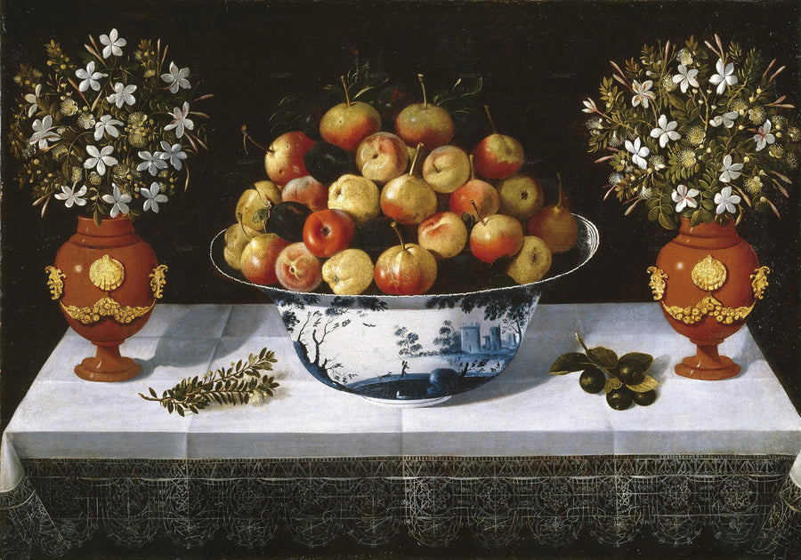 Bol en faïence de Delft avec fruits et deux vases de fleurs - Tomás Yepes
