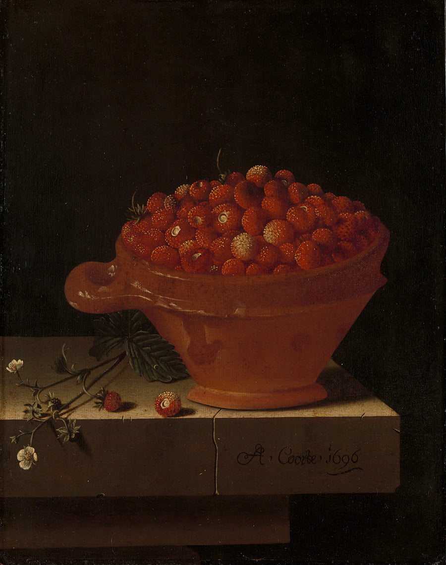 Un bol de fraises sur un socle en pierre - Adriaen Coorte