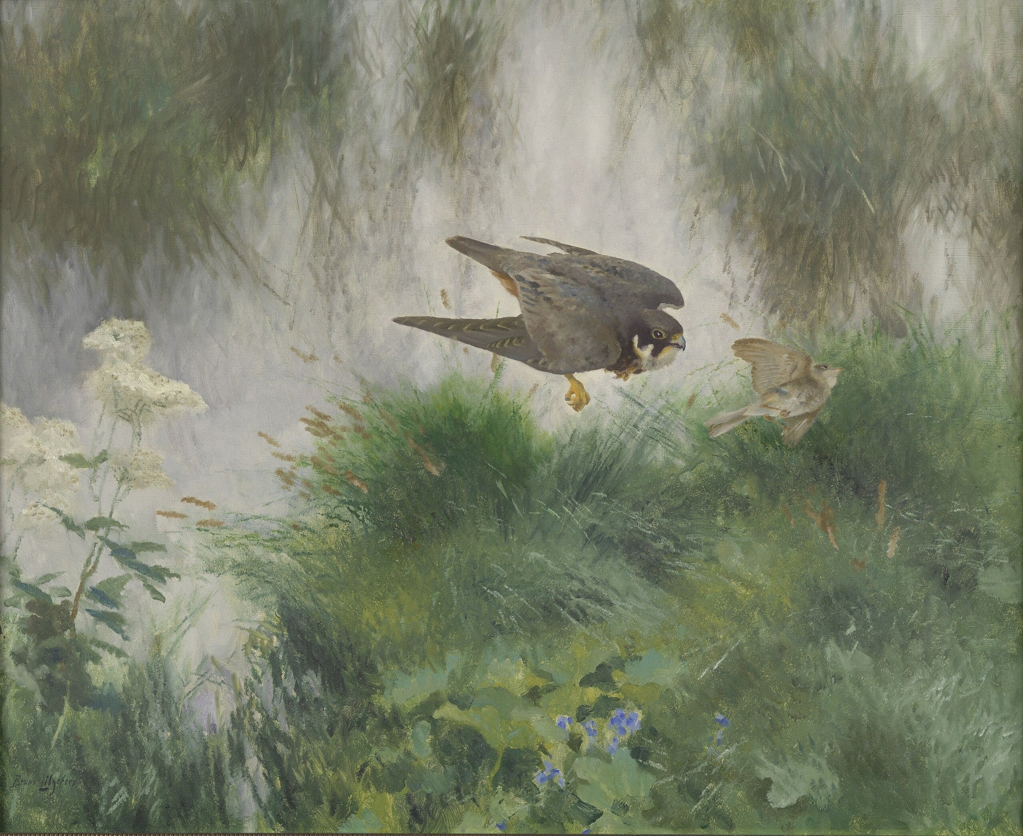 Boomvalk stotend op een zangvogel - Bruno Liljefors image 1 tableau peint à l’huile sur toile