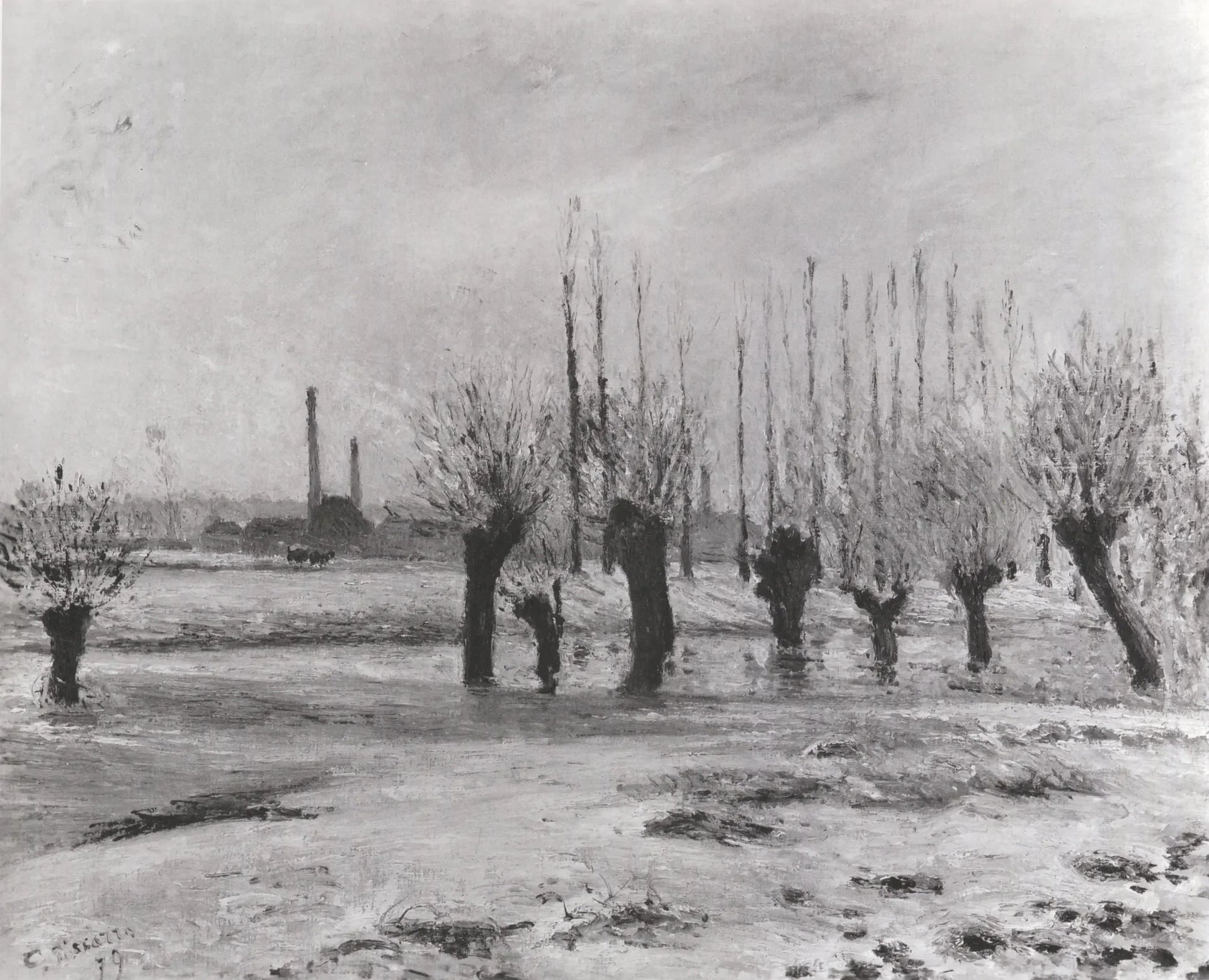 Bords de l'Oise à Pontoise, effet de neige - Camille Pissarro image 1 reproduction d’œuvre d’art à l’huile