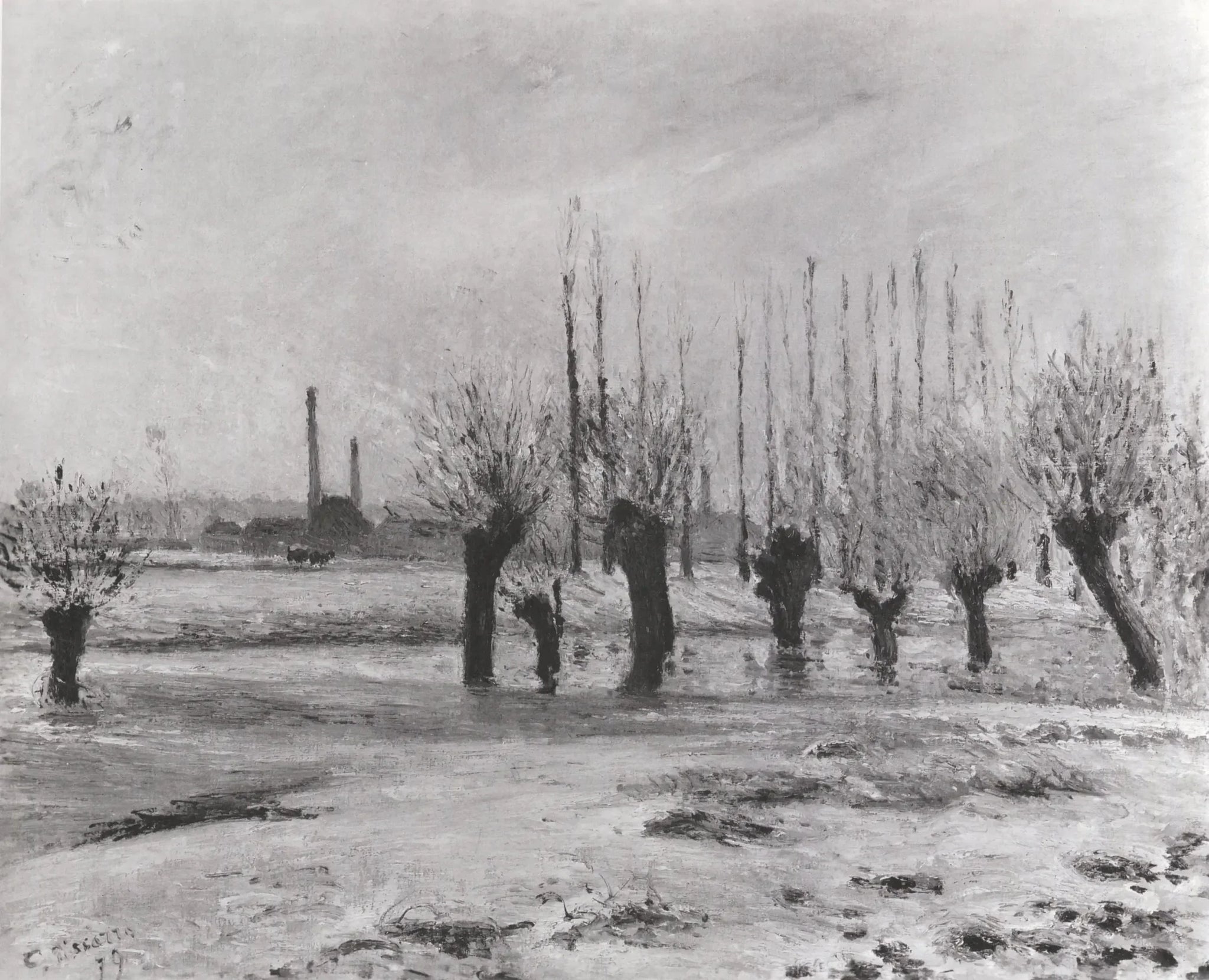 Bords de l'Oise à Pontoise, effet de neige - Camille Pissarro image 1 reproduction d’œuvre d’art à l’huile