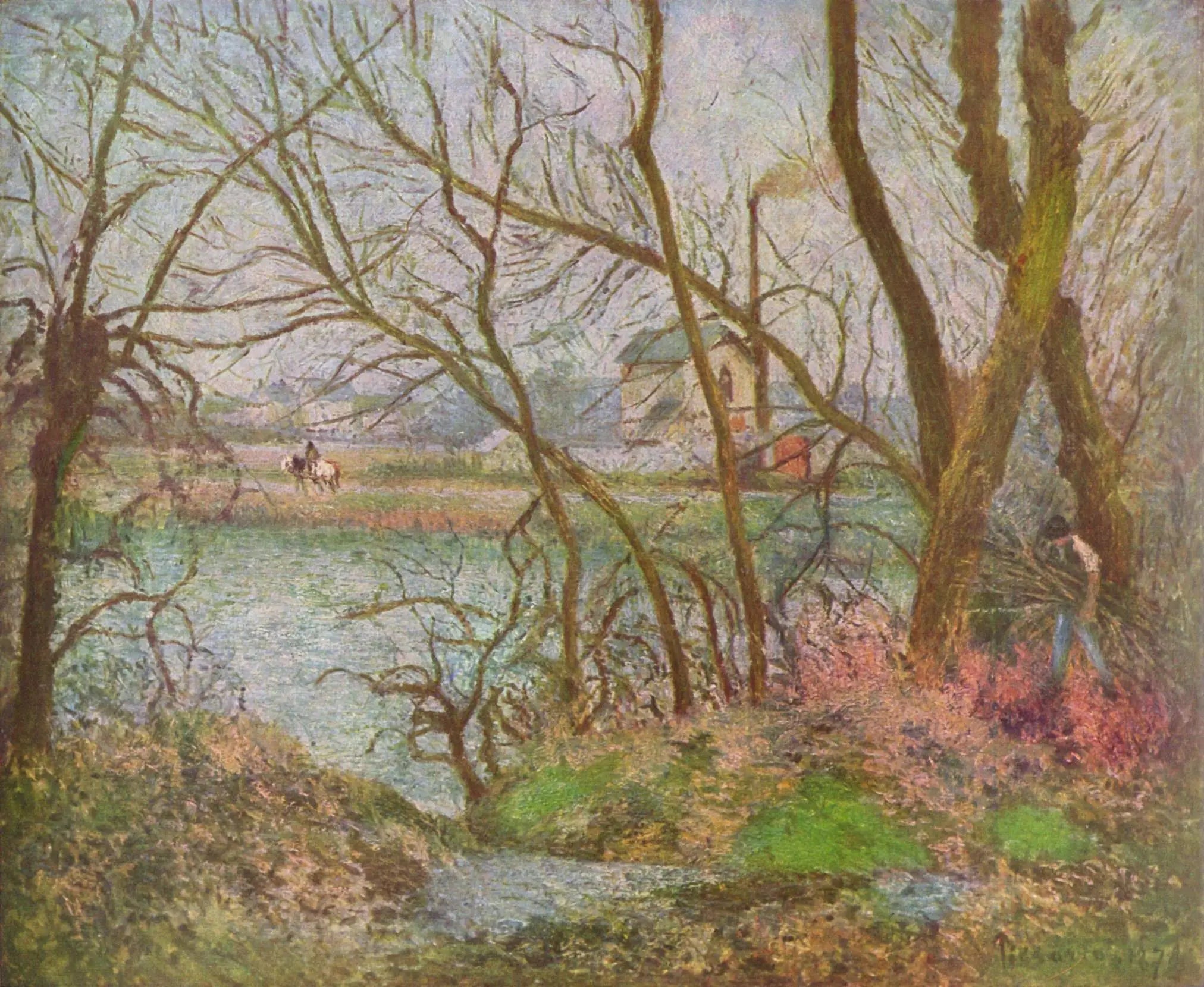 Bords de l'Oise, près de Pontoise, temps gris - Camille Pissarro image 1 reproduction de peinture à l’huile