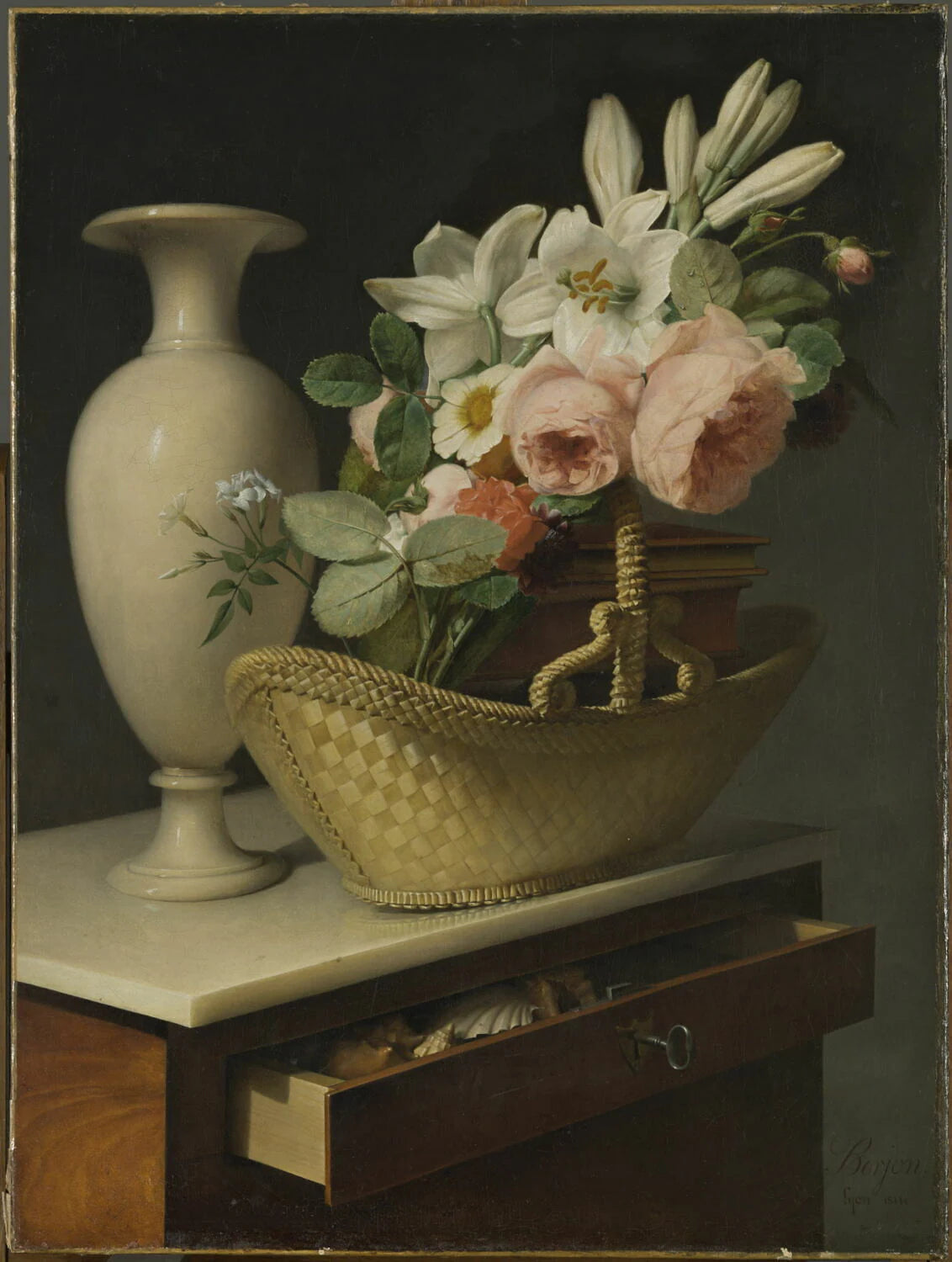 Bouquet de lys et de roses dans une corbeille posée sur une chiffonnière. - Antoine Berjon